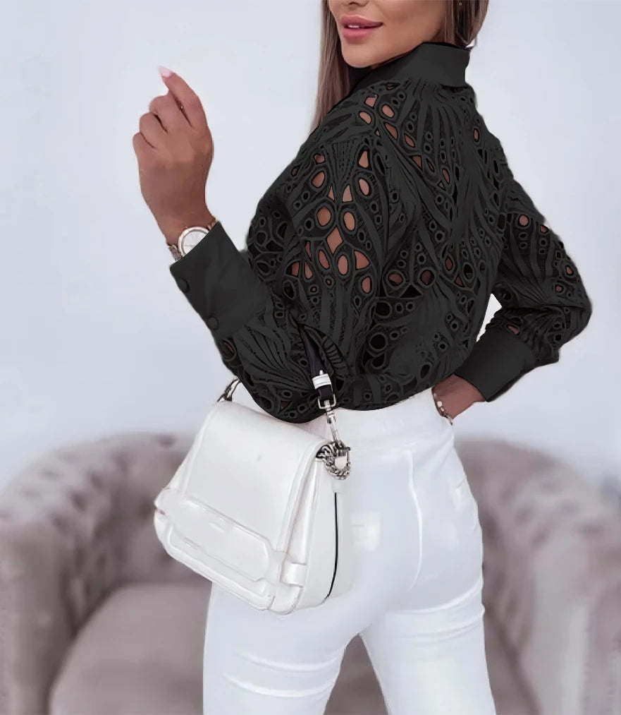 Women's Blouses Hollowed Out Long Sleeved Shirt Casual Solid Button Up With Lapel And Open Front Camisas Femininas