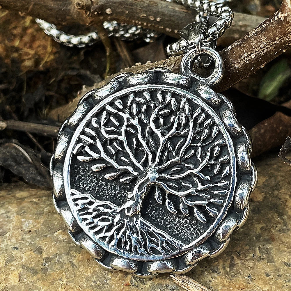 Nordic Stainless Steel Yggdrasil Necklace Pendant Men Double Sided Vintage Viking Tree of Life Pendant Amulet Viking Jewelry