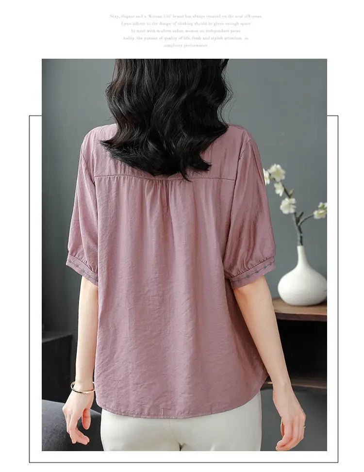 Embroidered Blouse Women Short Sleeve Summer Loose Slimming Top