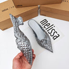 Women Sandals 2025 Spring Melissa Woman Slingback Shoes Fashion Ladies High Heels Elegant Med Heel Pointed Toe Slip on Sandal