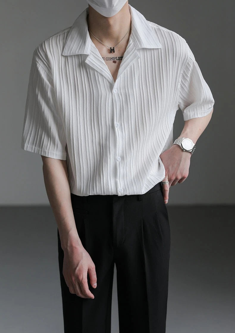 Men's Shirt Black Loose Short Sleeve Male Shirts Designer with Collar High Quality Luxury Sleeves Silk New in Vintage Slim Fit