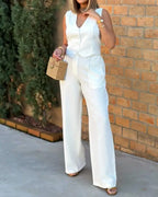 Pant Sets Women Wide Leg Pants Two Piece Suit Single Breasted Vets Sleeveless High Waist Elegant Trousers Pockets Solid Outwear