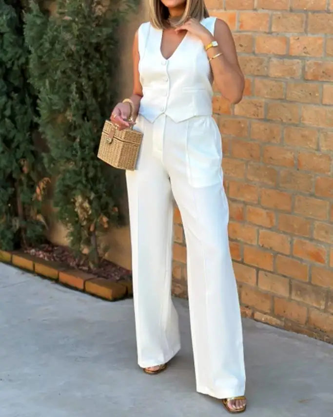 Pant Sets Women Wide Leg Pants Two Piece Suit Single Breasted Vets Sleeveless High Waist Elegant Trousers Pockets Solid Outwear