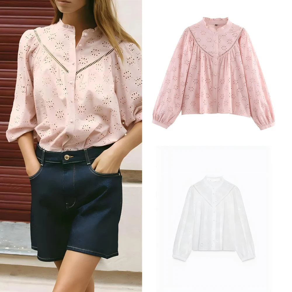 Women's 2025 new fashion casual versatile hollow embroidery shirt retro long sleeved button up women's shirt chic top