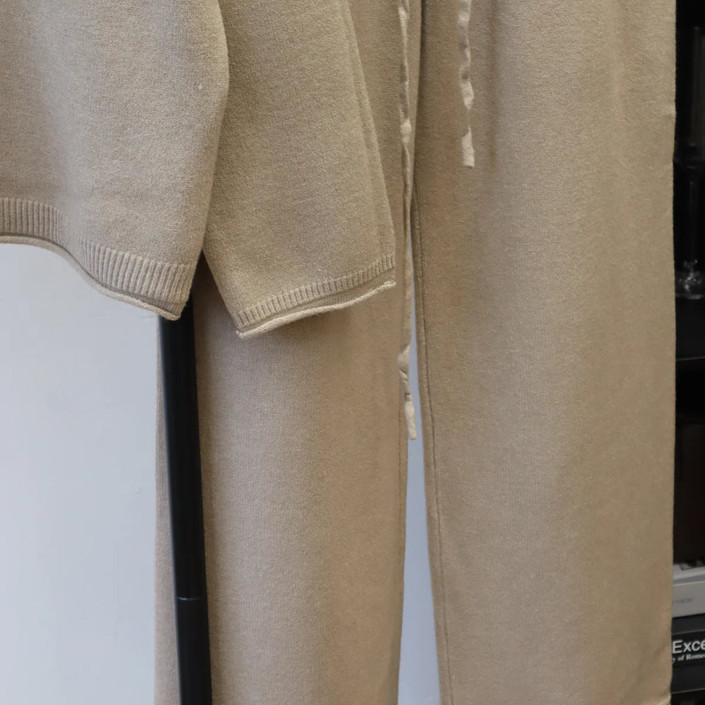 Pant Set Women Two Piece Sets Stand Collar Full Sleeve Knit Tops Wide Leg Long Pants Lace Up Elastic Waist Y2k Streetwear