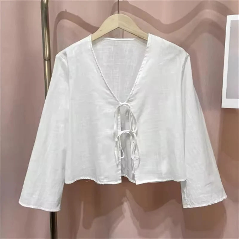 Casual Solid Lace Up Women Blouse Deep V-neck Long Sleeve Loose Female Shirt 2025 Spring Summer New Fashion Sweet Ladies Blouses