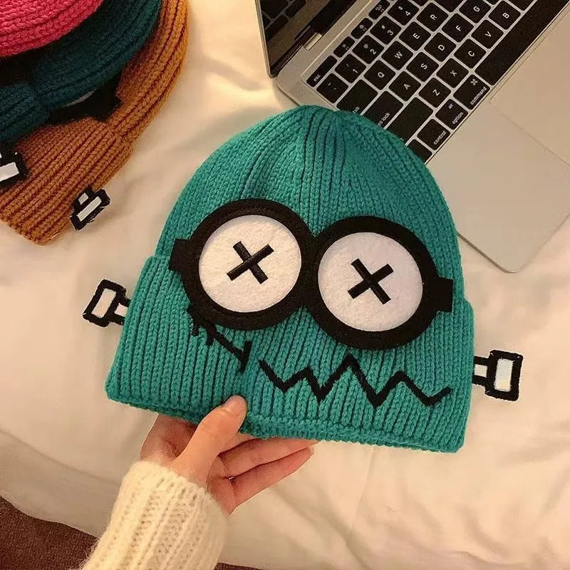 Winter Women Cartoon Hat Cute and Funny Knitted Hat Candy Colored Little Monster Glasses Cute and Warm Hat