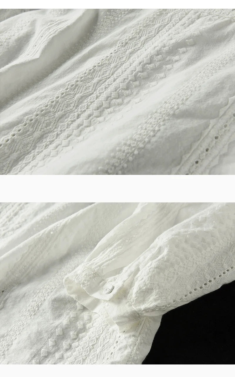 Women's elegant blouses 100% cotton embroidery hollow out white black shirts ladies office wear women long sleeve tops