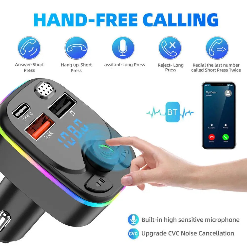 Handsfree Car Bluetooth 5.0 FM Transmitter PD Type-C Dual USB 3.4A Colorful Ambient Light MP3 Modulator Player 2023