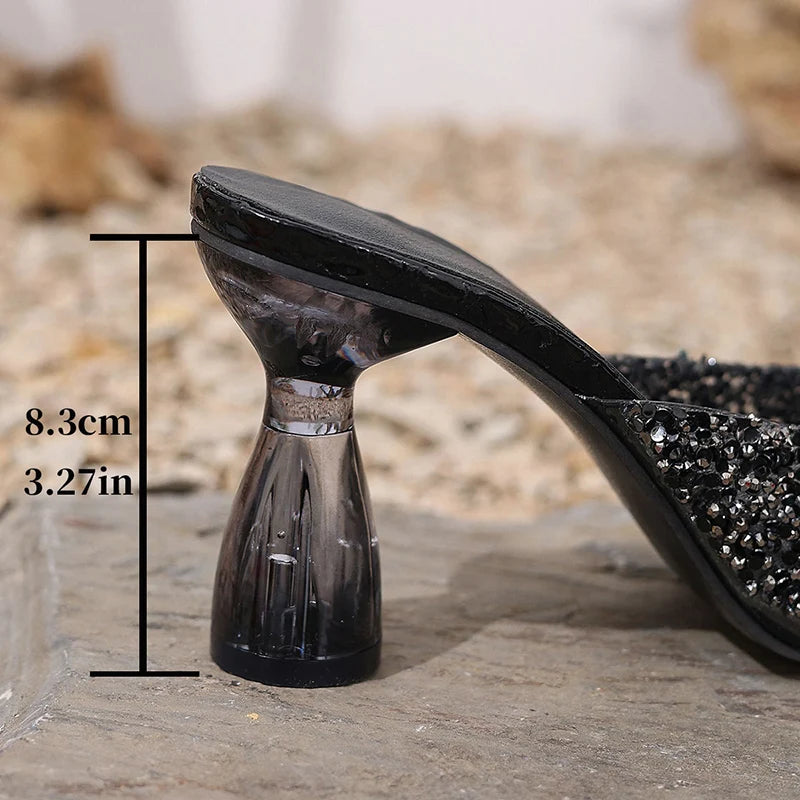 Elegant Pointed Toe High Heels Slippers Women Summer Fashion Clear Crystal Heel Sandals Woman Shiny Sequins Banquet Party Shoes