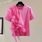 ZANZEA Women Ruffled Stitching Blouse Fashion Holiday O-neck Tops 2024 Summer Short Sleeve Tunics Casual Loose Solid Blusa Femme