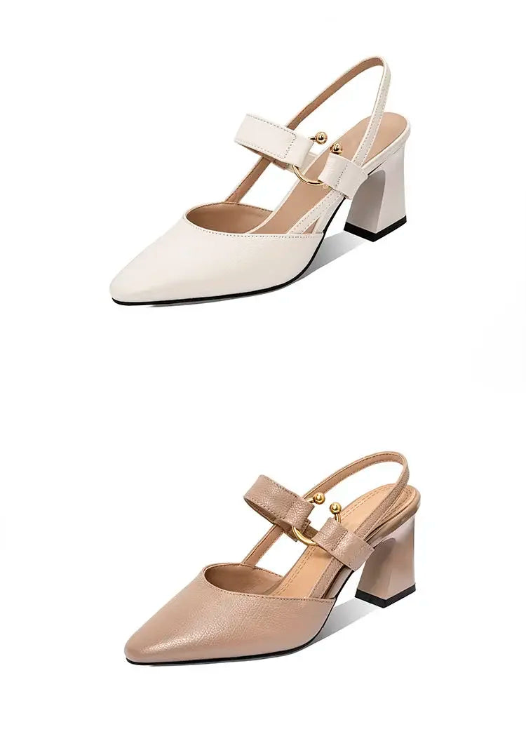 Sandals for Woman Summer 2024 High Heels One Word Women's Shoes Leather Pointed Toe Buckles Thick Heel Medium Footwear Comfort F