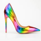 Brand Women High Heels 8-12CM Fashion Iridescent Pointed Toe Single Shoes Woman Thin Heel Summer Glossy Colorful Leather Pumps