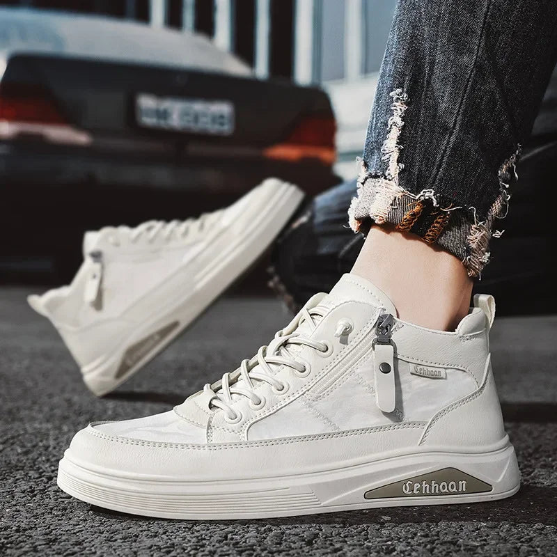 Men's Mid-top Shoes with Simple Solid Color Design Flat Bottom for All Seasons Durable  Anti-slip Lace-up Walking Casual Shoes