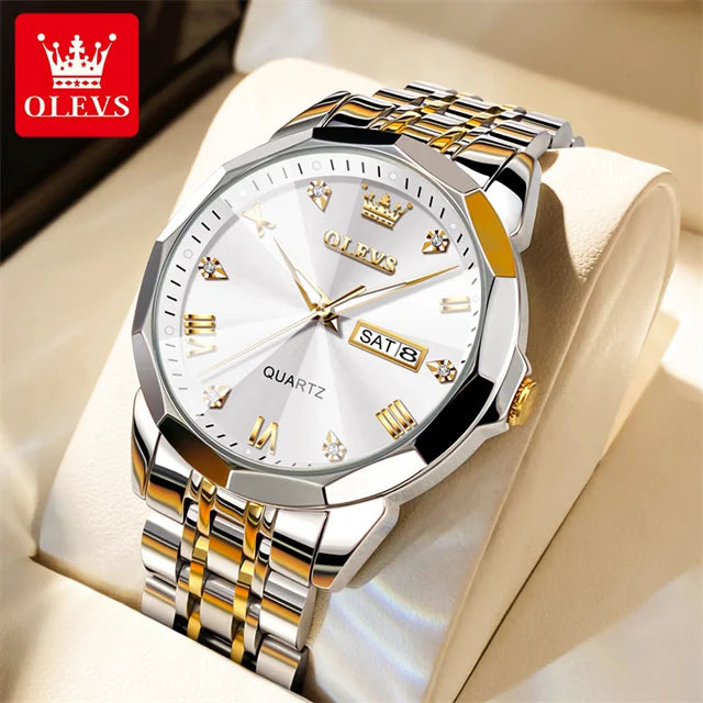 OLEVS 9931 Top Original Couple Watch Stainless Steel Rhombus Mirror Design Luxury Quartz Watch for Men Women Lover's Wristwatch