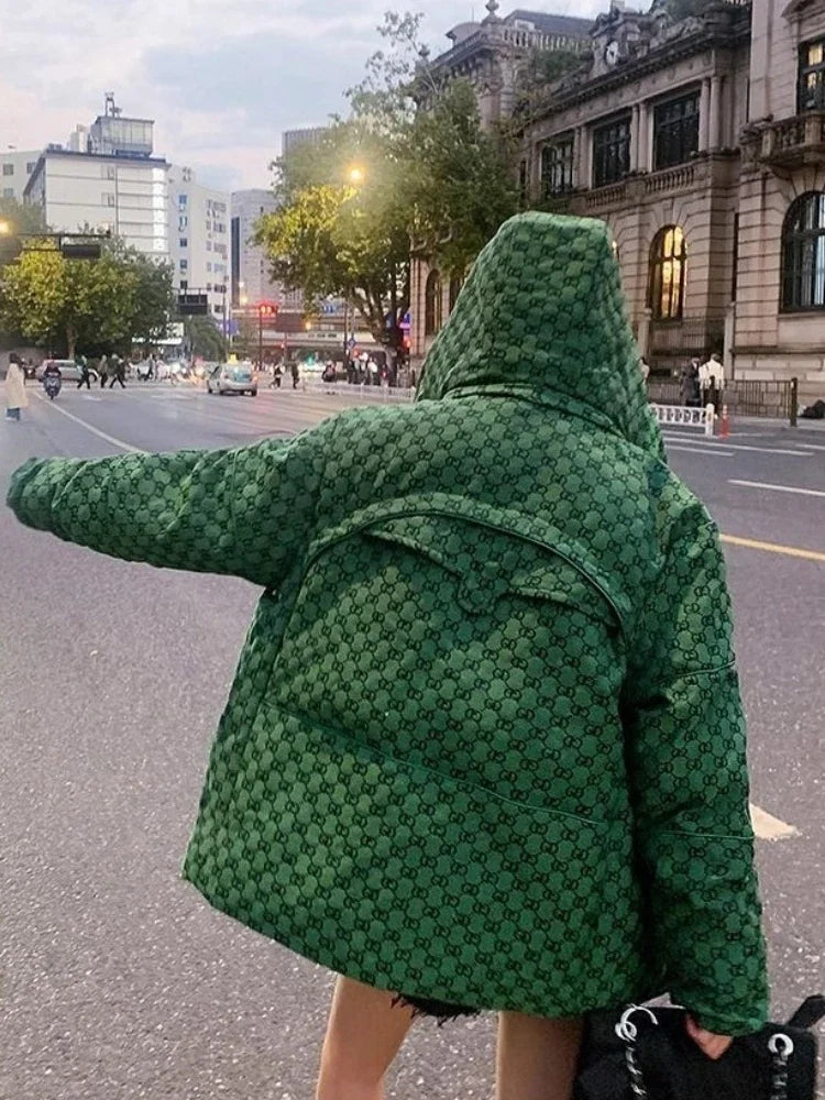 Winter Letter Print Hooded Jacket Women Clothing Trend Zipper Parkas Puffer Down Cotton Coats Design Vintage Windproof Outerwear