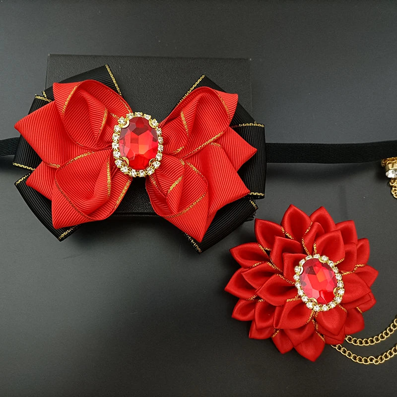 Wedding Bow Tie Corsage Men's Business Banquet Concert Suit Shirts Accessories Jewelry High-end Crystal Collar Flower Brooch Set