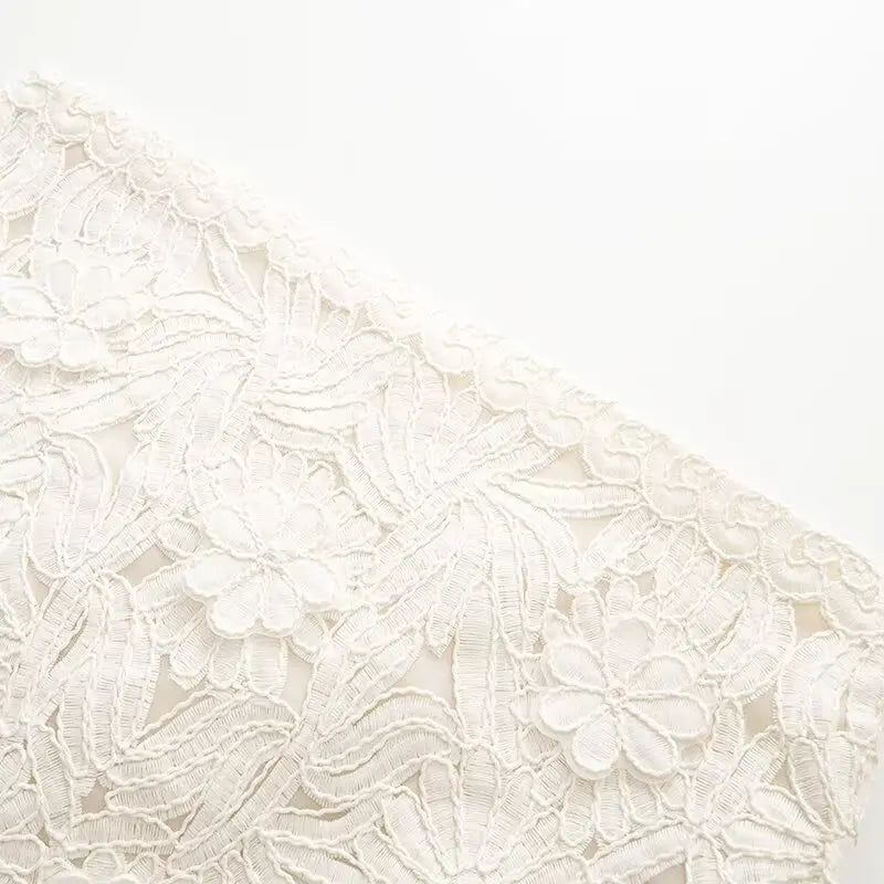 Women's Embroidery Crochet Hollow Shirts High Waist Skirt Suit Suit Mesh O-neck Full Sleeve Blouse Solid Color Skirt Set