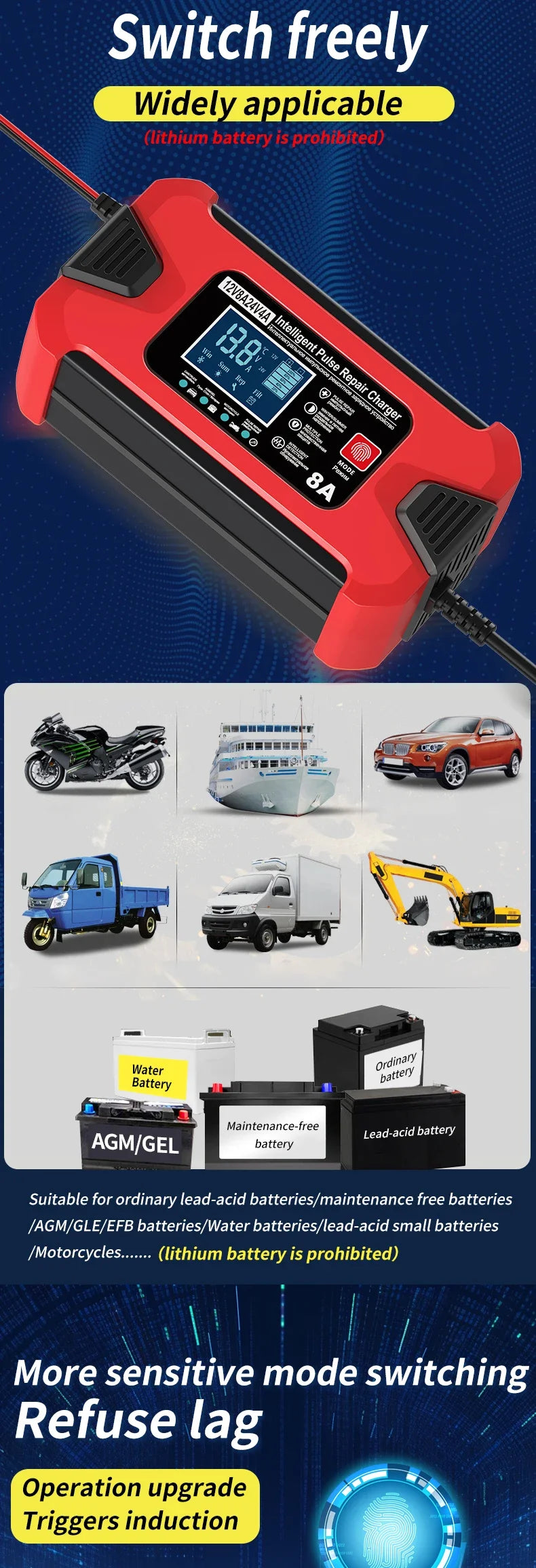 Battery Charger 12V 8A  24V 4A Smart Fast Charging for Car Batteries 8-Stage Charge Pulse Repair for AGM GEL WET Lead Acid