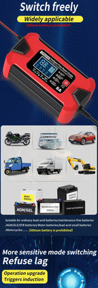 Battery Charger 12V 8A  24V 4A Smart Fast Charging for Car Batteries 8-Stage Charge Pulse Repair for AGM GEL WET Lead Acid