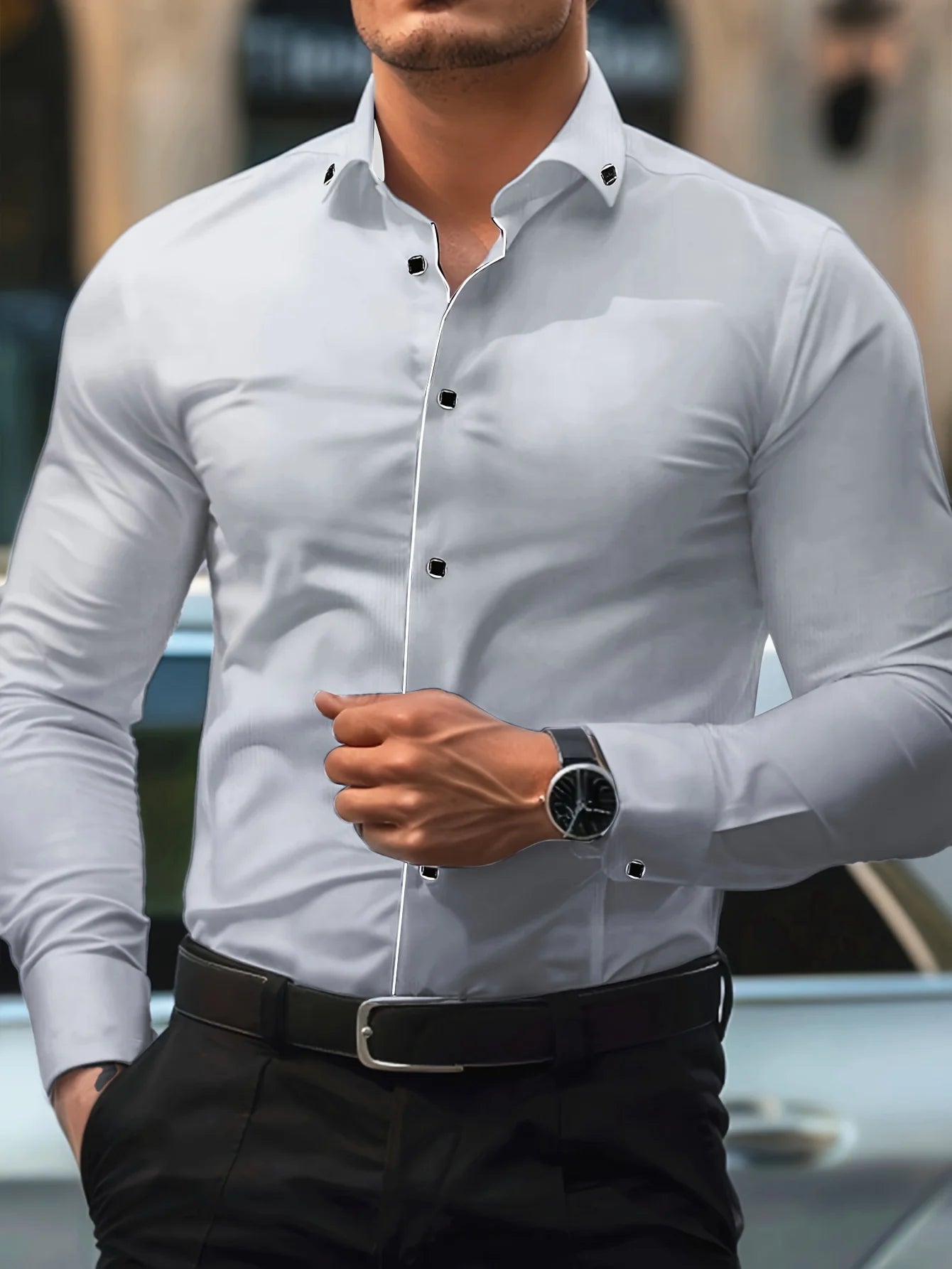 Men Dress Shirt Brand New Solid Color Long Sleeve Smart Casual White Elastic Male Business Shirts