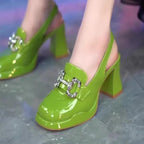 High Heels Pumps Female  Women Chunky Platform Summer Leather Shoes Woman Luxury Rhinestone Design Ankle Straps Party Shoe