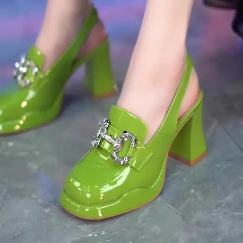 High Heels Pumps Female  Women Chunky Platform Summer Leather Shoes Woman Luxury Rhinestone Design Ankle Straps Party Shoe