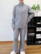 Pant Set Women Two Piece Sets Stand Collar Full Sleeve Knit Tops Wide Leg Long Pants Lace Up Elastic Waist Y2k Streetwear