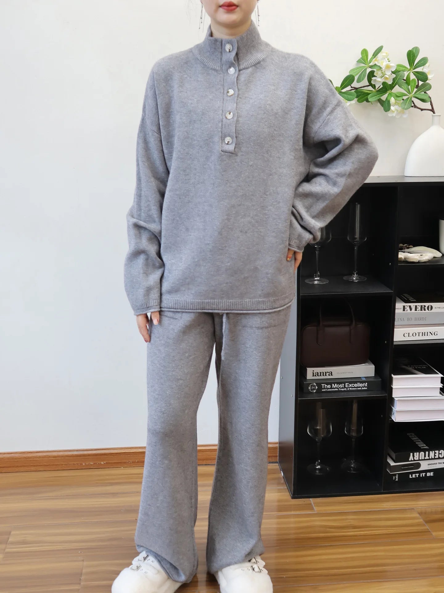 Pant Set Women Two Piece Sets Stand Collar Full Sleeve Knit Tops Wide Leg Long Pants Lace Up Elastic Waist Y2k Streetwear