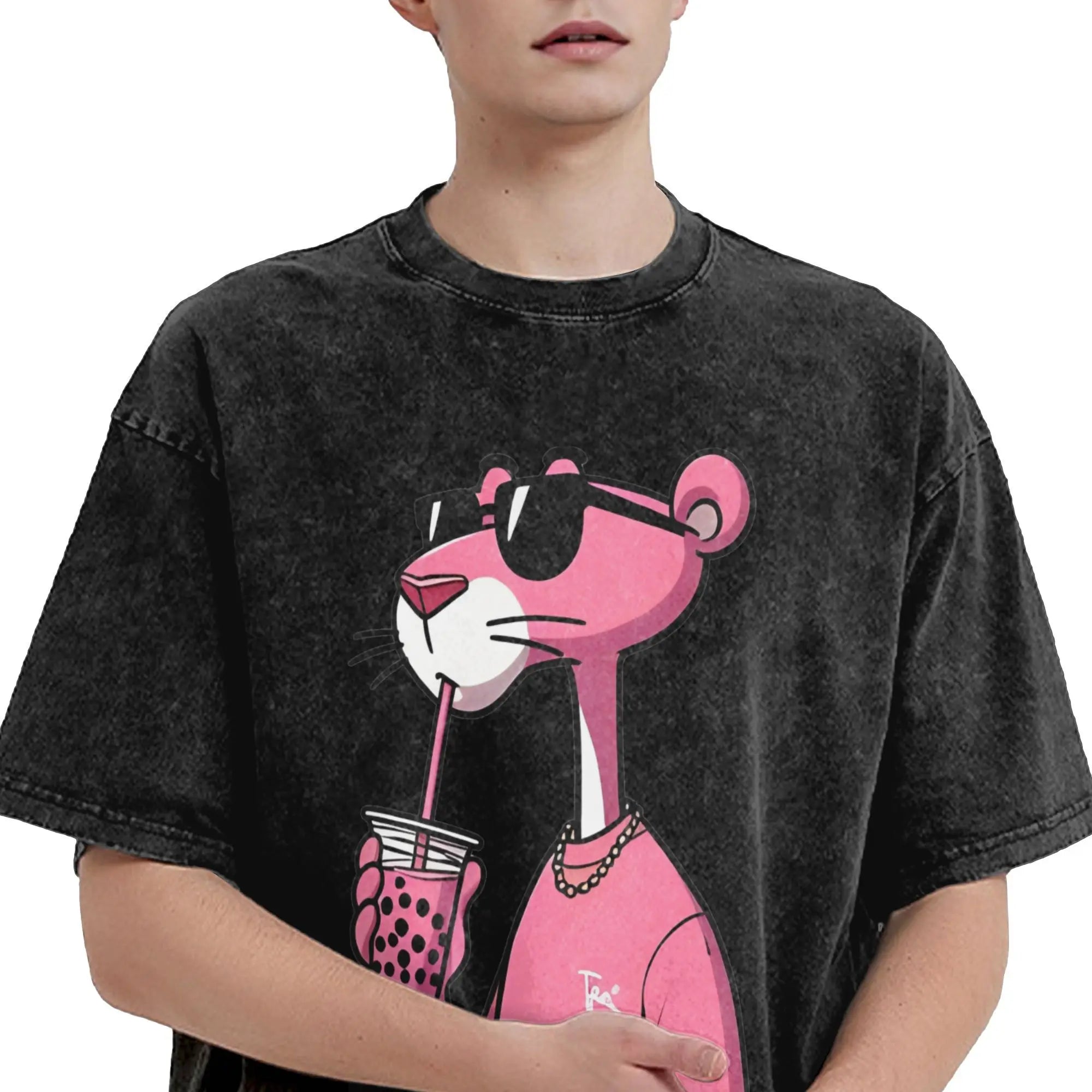 Men's T Shirt Pink-Panthers Drinking Washed T-Shirts Hippie  Beach Tee Shirt Y2K Funny Design Casual Clothing Hot Sale