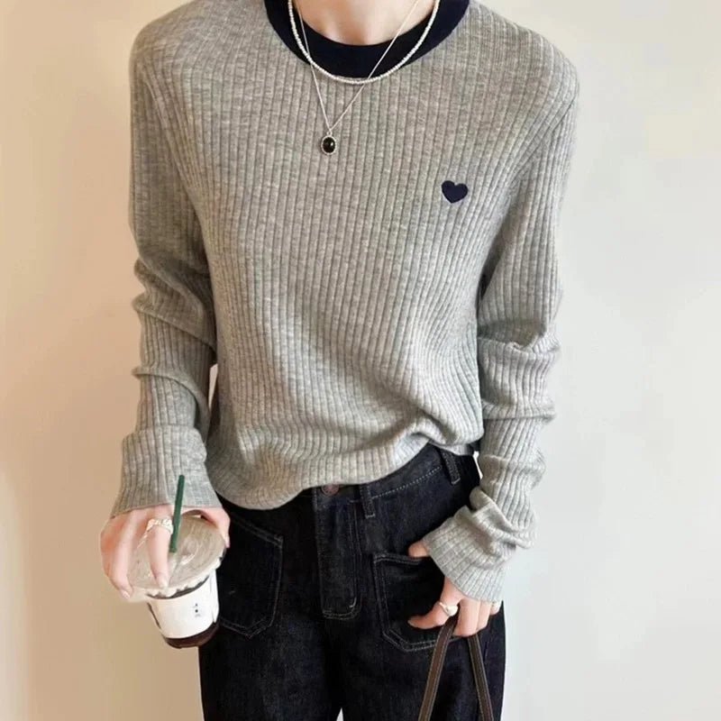 Women's Pullover Autumn/Winter 100% Wool Sweater Stitching Casual Knit Sweater Round Neck Tops Ladies Clothes Embroidery Blouse