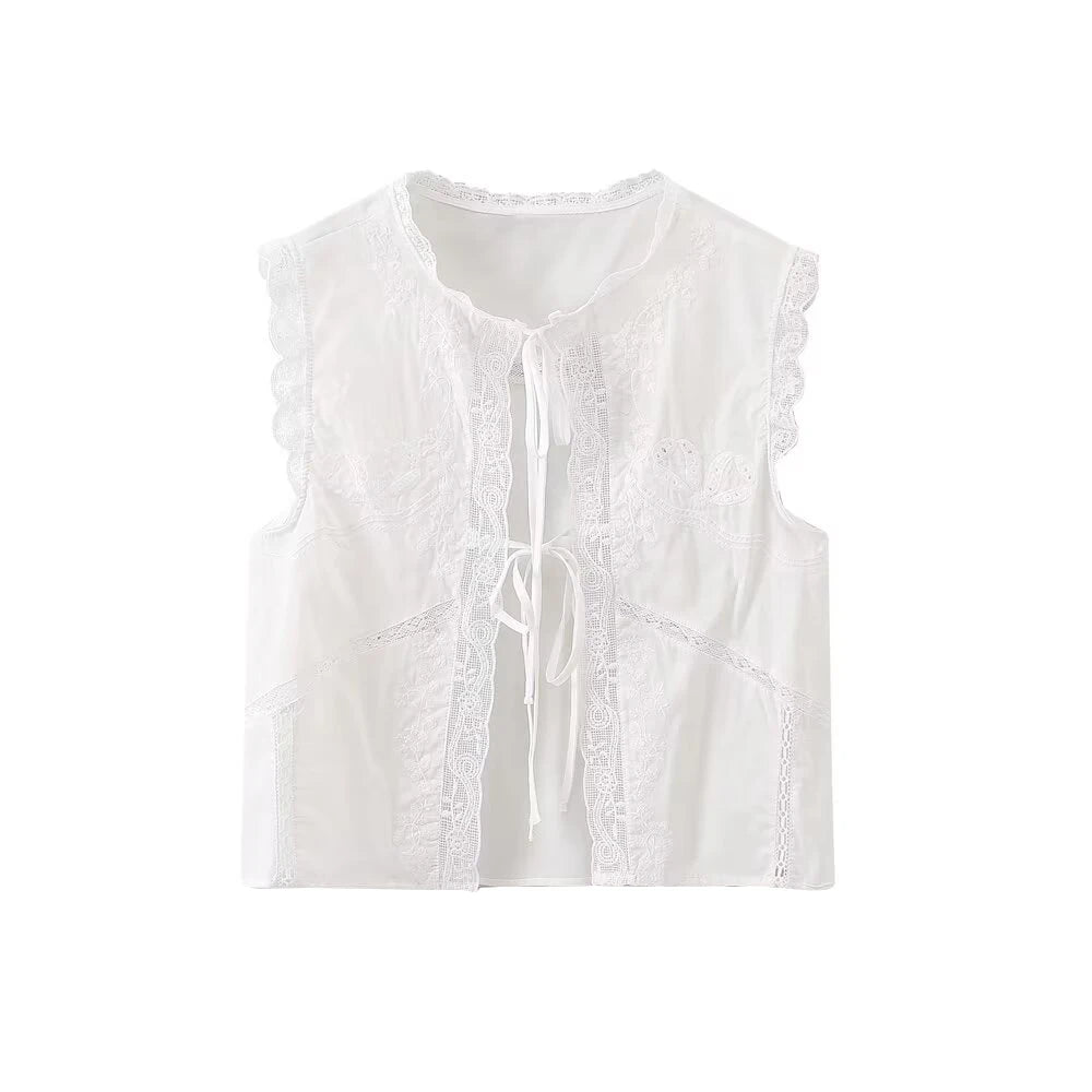 Women's Lace Embroidery Blouses, O Neck, Sleeveless, Front Tied, Female Shirts, Chic Tops, Fashion