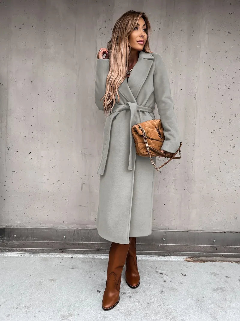 Autumn Winter Women Woolen Jacket Top Outwear Elegant Fashion Long Sleeve Lapel Collar Belt Trench Coat Overcoat Streetwear