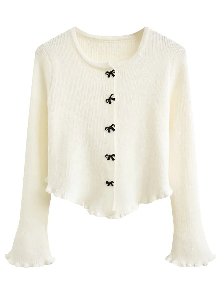 2025 Women's Ruched Long Sleeve Cropped Cardigan V Neck Button Down Knit Lady Autumn Winter Knitted Single Breasted Sweaters