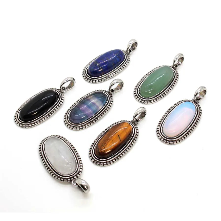 Natural Crystal Oval Stone Pendants For Women Necklace DIY Amethyst Rose Quartz Lapis Lazuli Gemstone Pendant Jewelry No Chain
