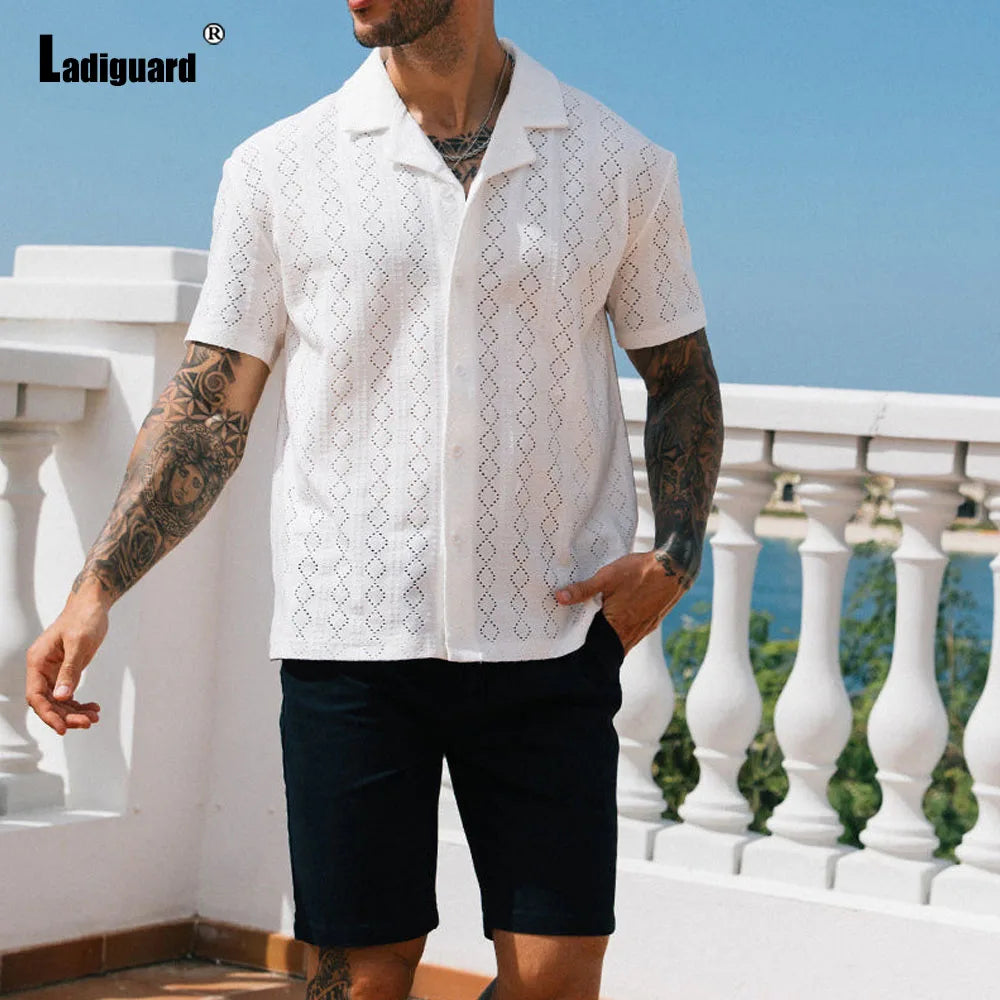 Men's Hollow Out Board Shirt Men Short Sleeve Notched Casual Knitted Tops Latest Summer Beach Pullovers Sexy Mens clothing 2025