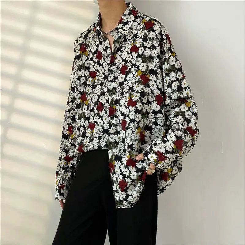 Shirt Men's Design Sense Is Niche Japanese Retro with Floral Patterns Lazy Style Rugged and Handsome Long Sleeved Shirt
