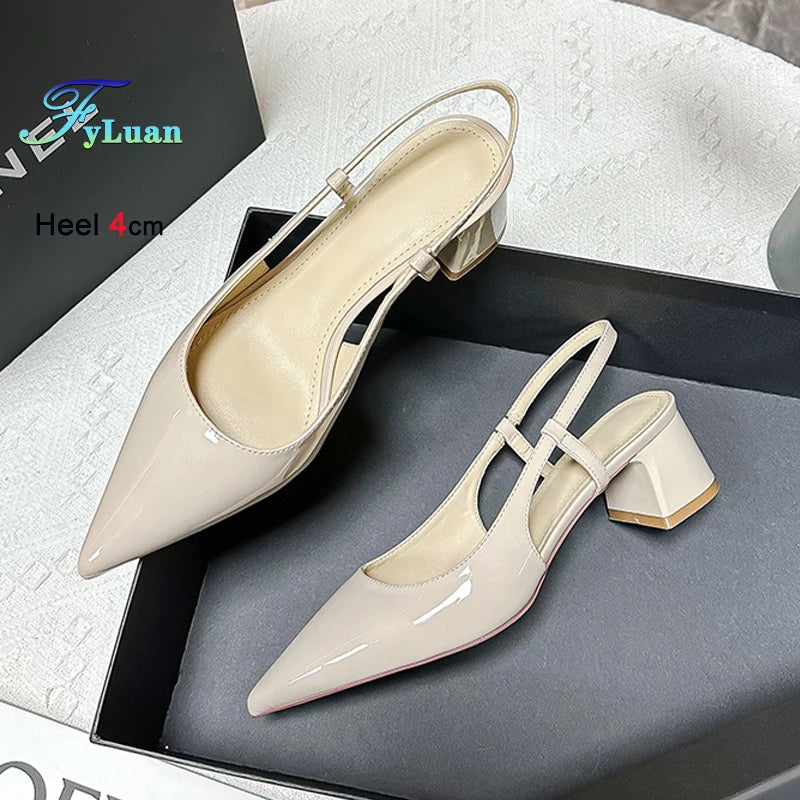 2025 New Medium Heel Woman 4cm Sandals Shallow Mouth Glossy Closed Toe Sandals One Word Buckle Temperament Summer Outdoor Shoes