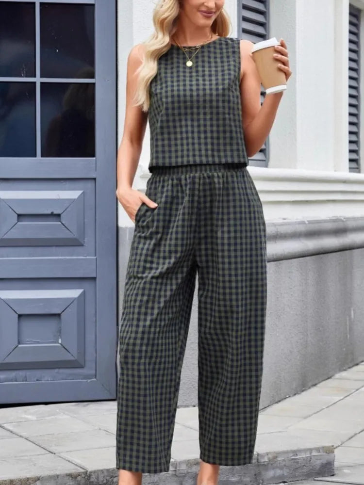 Fashion Women's Pants Set Printed Plaid Sleeveless 2025 Spring Summer Relaxed Vest Nine Point Pants Home Wear Female 2 Piece Set