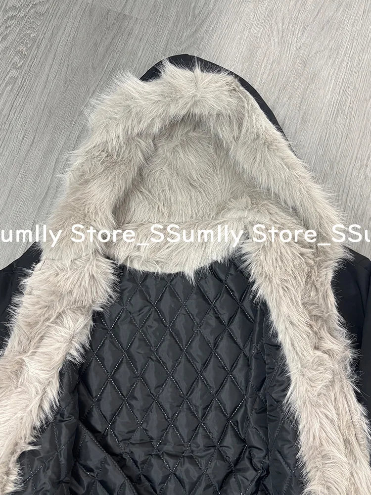 Winter New Elegant Liner Fur Loose Coat Women Y2k Fur Collar Hood Thick Fashion Parkas Casual Outerwear Cotton Padded Jackets