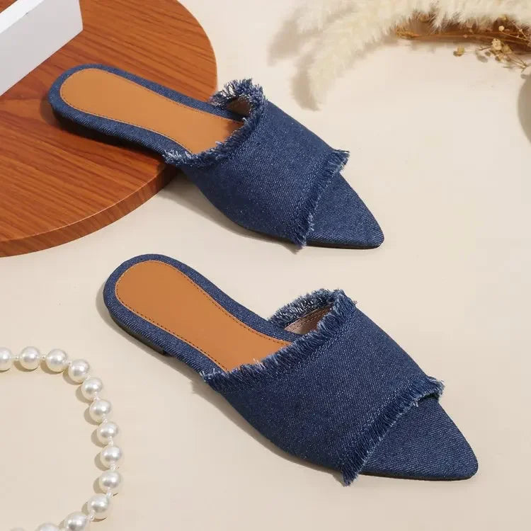 Women Flats Cowboy Slippers Fashion Beach Dress Shoes  Summer Femme Pointed Toe Flip Flops New Casual Slides Zapatos Mujer