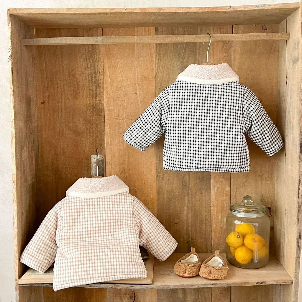 Winter Baby Girl Clothing  Plaid Coat Warm Fleece Lined Cartoon Bear Embroidery Children Cotton Padded Jacket