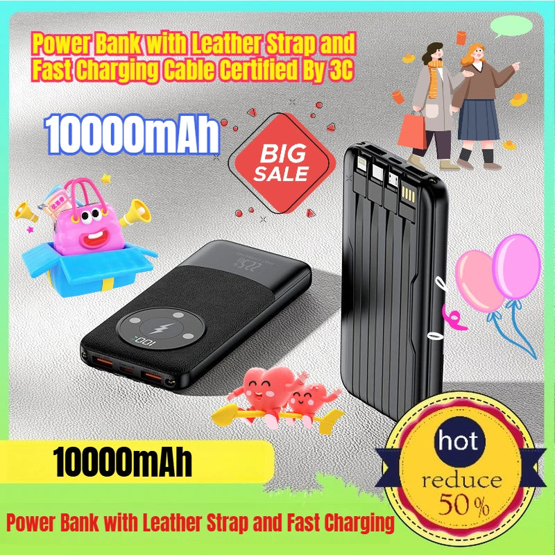 10000mAh Power Bank with Leather Strap and Fast Charging Cable Certified By 3C