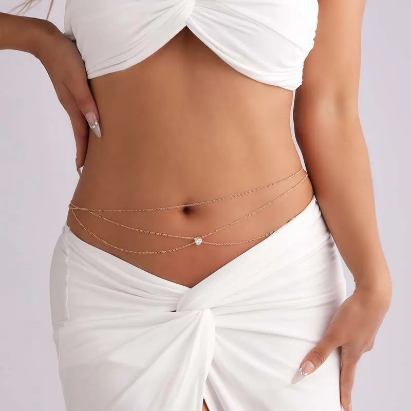 Fashion Metal Double Layered Cross Waist Chain for Women Simple Rhinestone Heart Thin Chain Body Chain Party Jewelry Accessories