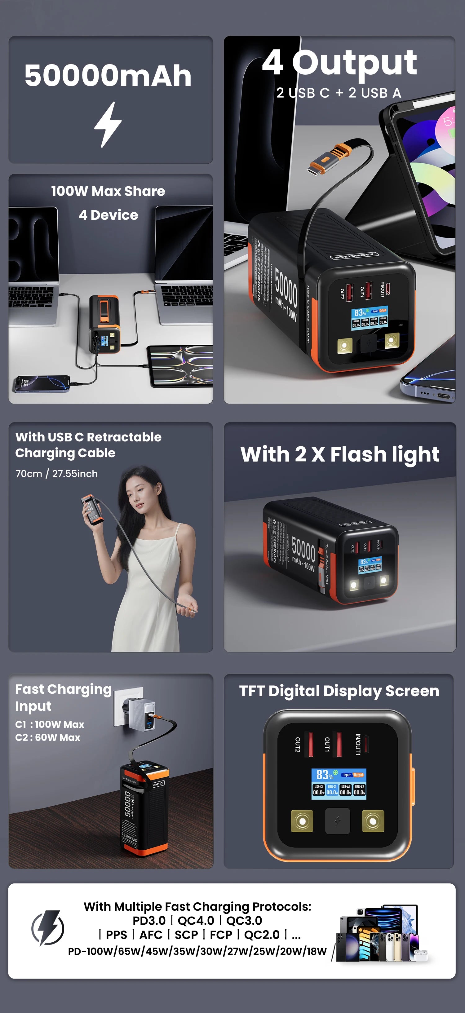 Power Bank 50000mAh 100W PD PPS Super Fast Charging Portable Spare Battery Type-C Retractable Cable Powerbank For Phone Laptop