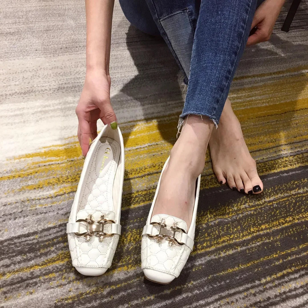 Woman's Flats Casuales for Female Soft Bottom Comfortable Square Head Single Shoes White Black Red Ladies Spring Autumn Loafers