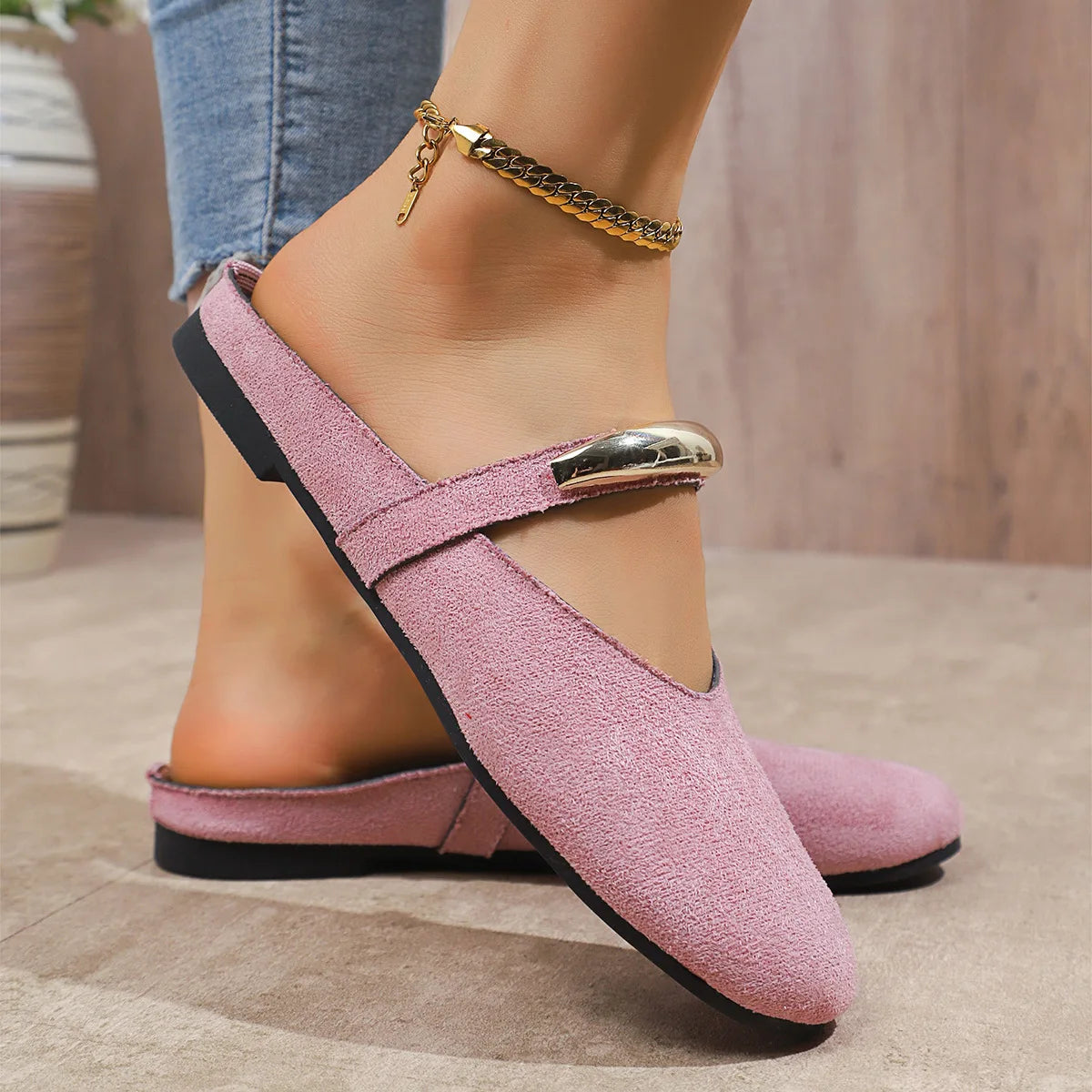 Women Slippers Flats Round Toe Mules Sandals Woman Casual Shoes 2025 Trend Summer Dress Slippers Suede Comfort Slides Women