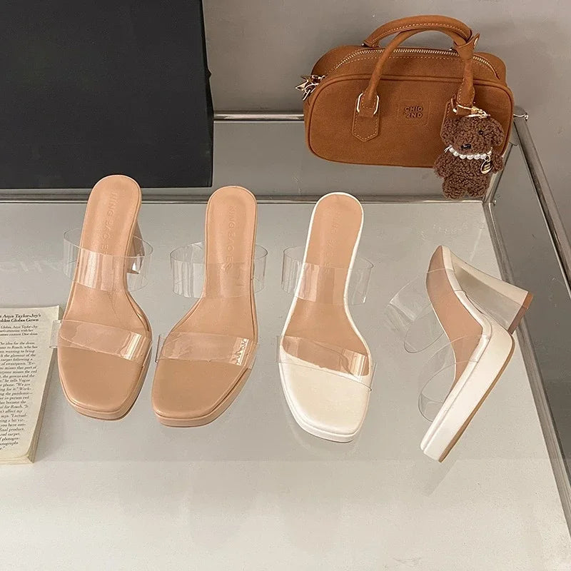 Women's Summer High Heels Sandals Sexy Fashion Open-toe Women Platform Mules Slippers Luxury Causal Elegant Ladies Clear Sandals