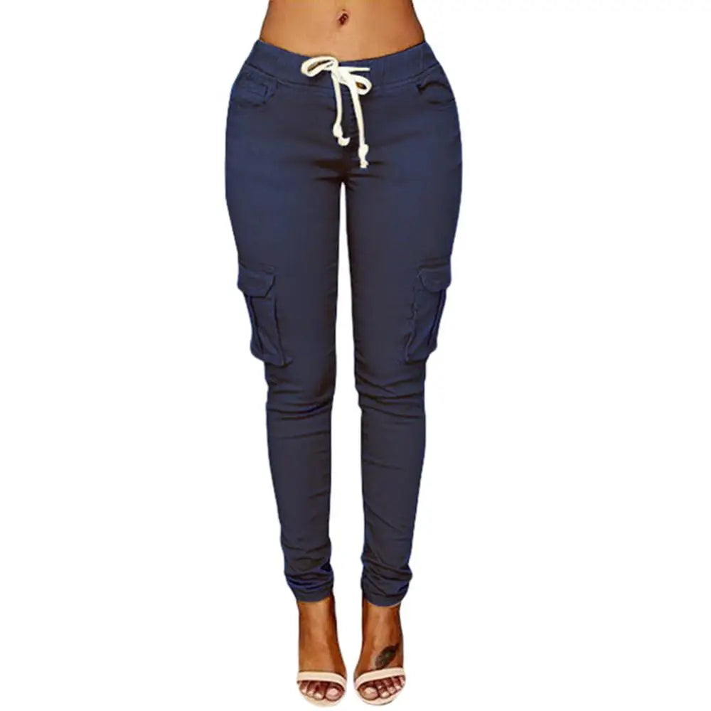 Pants Casual Solid Color Women Trousers Skinny Cargo Pockets Drawstring Joggers Trousers
