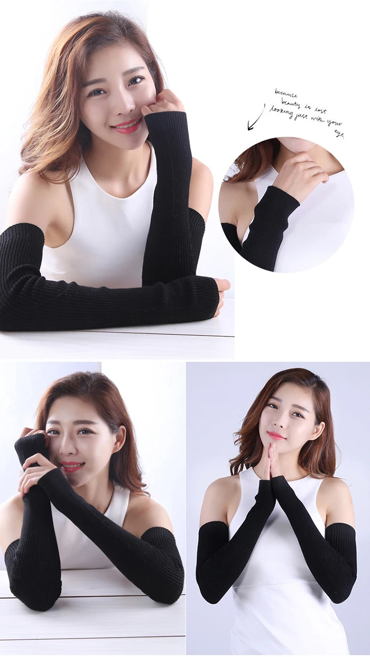 Autumn Winter 40 50 60CM Women's Wool Arm Warmers Knitted Woolen Arm Sleeve Solid Fine Long Knitted Fingerless Gloves Wholesale